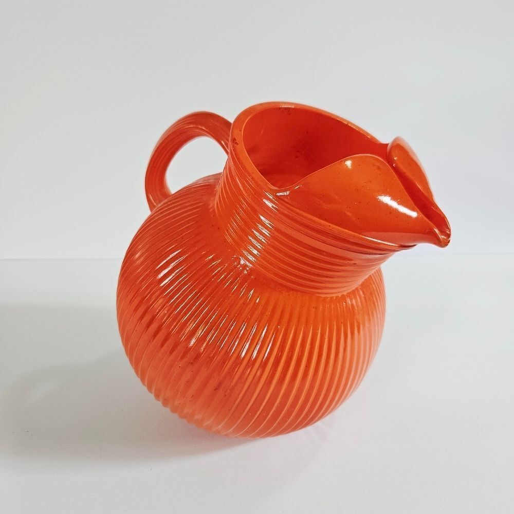 Vintage Hazel Atlas 40s-50s Fine Rib Orange Baked Glaze MCM Tilt Ball Pitcher - Picture 3 of 10